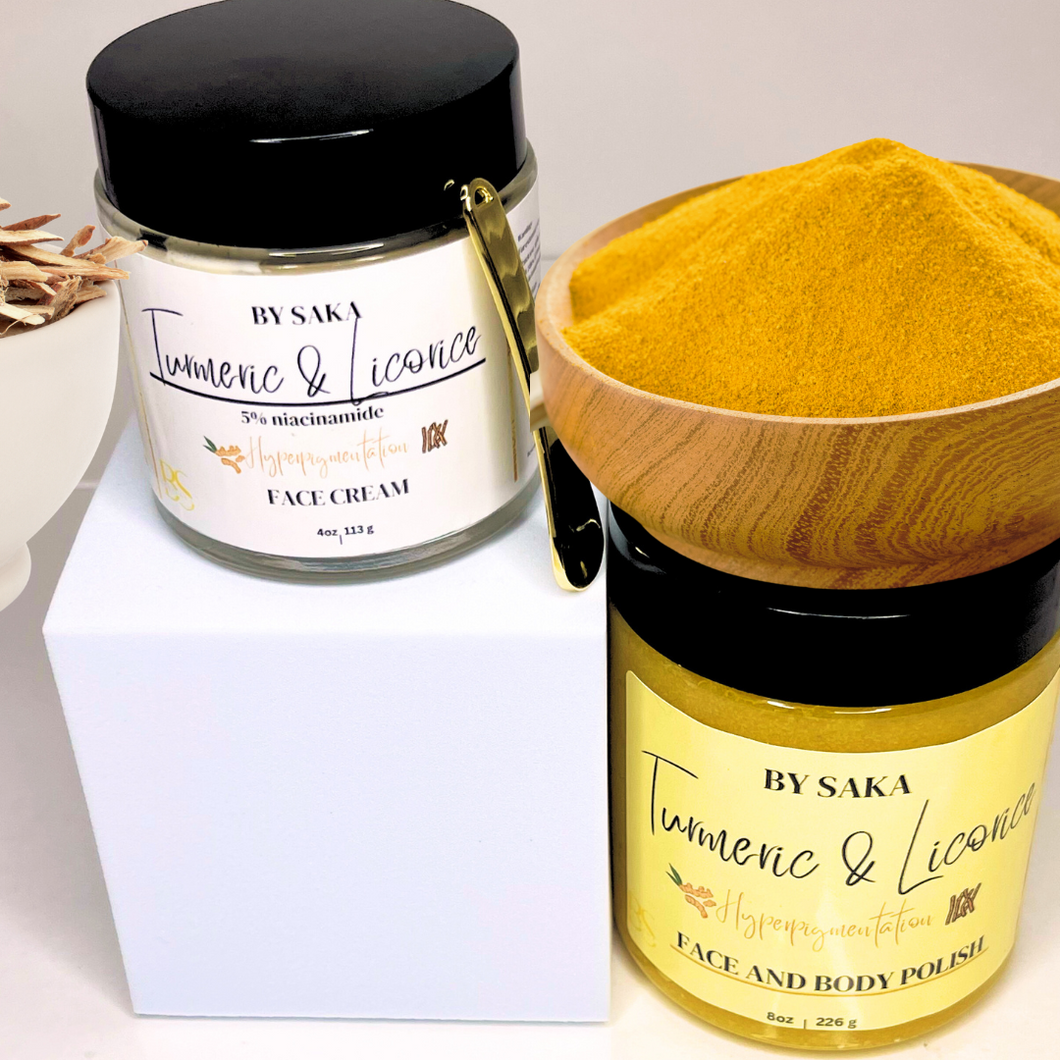 TURMERIC AND LICORICE FACE AND BODY POLISH + FACE CREAM CONTAINS 5% NIACINAMIDE